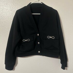 Chicwish Black Women's Cropped Cardigan Jacket with Rhinestone Pocket Accents